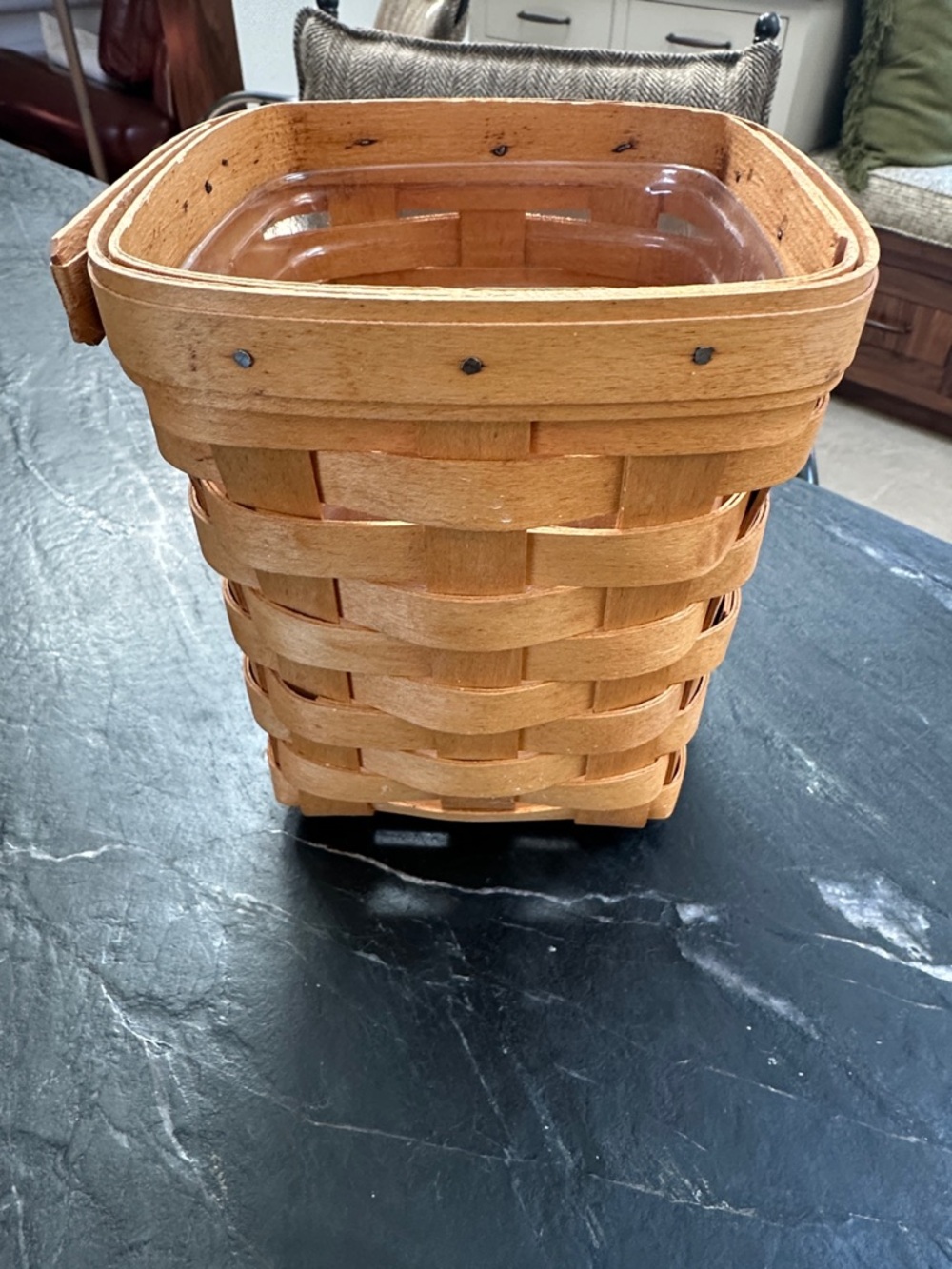 Longaberger Tan Woven Wood Basket with Clear Insert